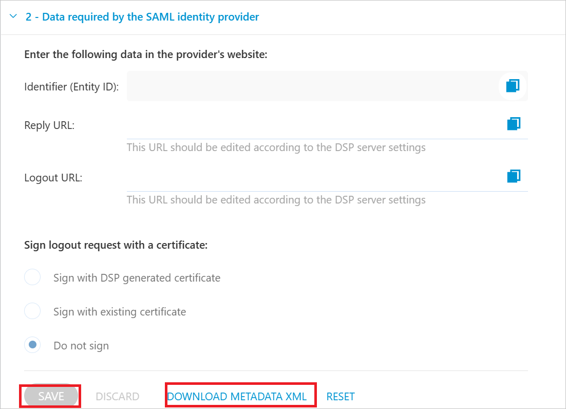 Recorte de pantalla que muestra la configuración del proveedor de identidades.