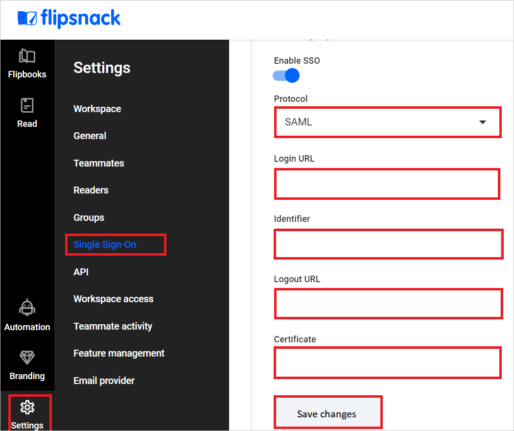 Captura de pantalla que muestra la configuración del inicio de sesión único.