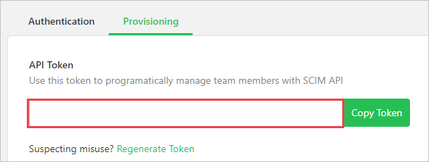 Captura de pantalla de una pestaña de aprovisionamiento en el sitio web de Flock. En Token de API, se resalta un valor. Junto al token hay un botón Copiar token.