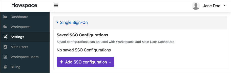 Captura de pantalla de la sección inicio de sesión único en la lista de configuración.