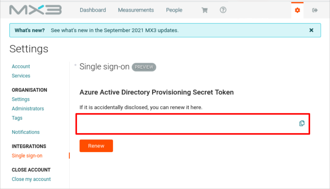 Captura de pantalla del token secreto de MX3 Diagnostics Connector para Azure AD.