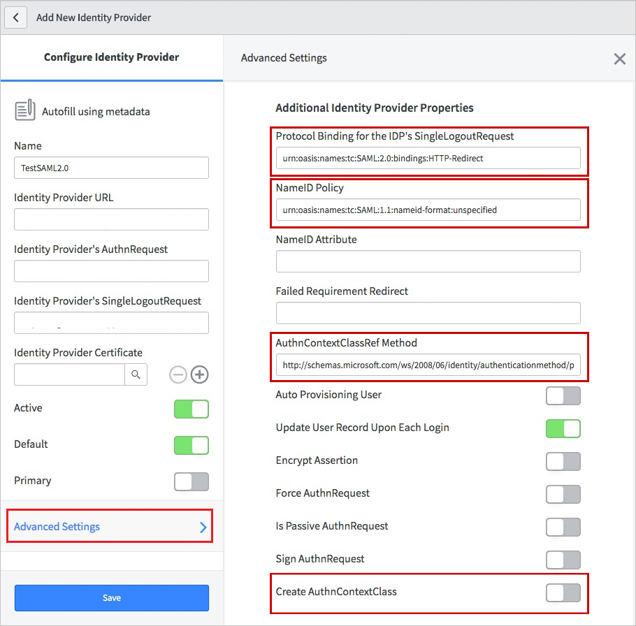 Captura de pantalla de Add New Identity Provider (Agregar nuevo proveedor de identidades) con Configuración avanzada resaltado