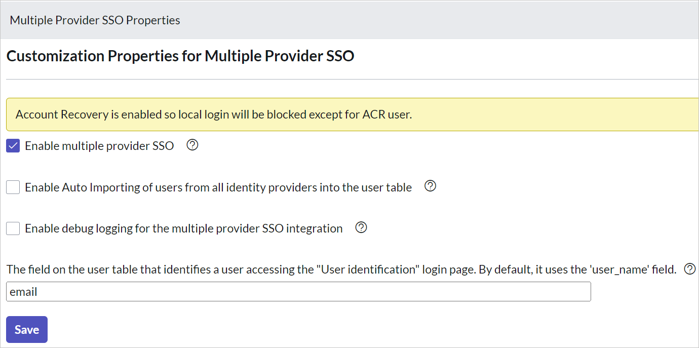 Captura de pantalla del cuadro de diálogo Multiple Provider SSO Properties (Propiedades de inicio de sesión único multiproveedor)