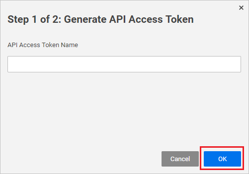 Captura de pantalla del paso 1 de 2: generación de token de acceso de API con la opción Aceptar resaltada.