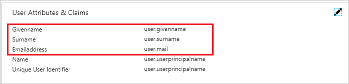 Captura de pantalla que muestra los atributos Givenname, Surname y Emailaddress.