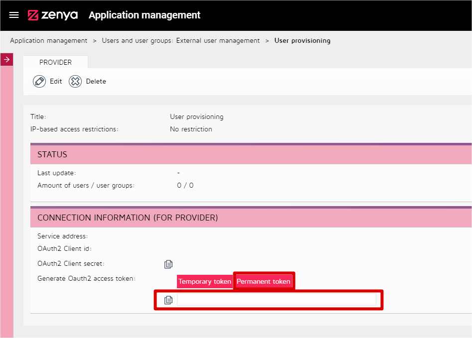 Captura de pantalla que muestra la página de aprovisionamiento de usuarios de Zenya para crear un token.