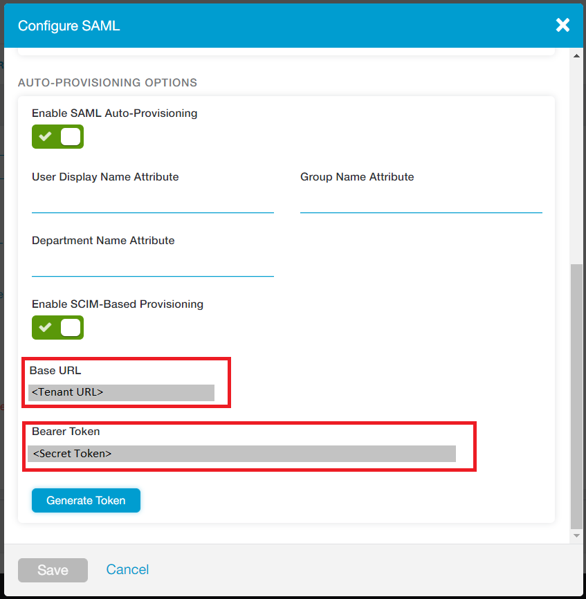 En Configure SAML (Configurar SAML), se seleccionan las opciones Enable SAML Auto-Provisioning (Habilitar aprovisionamiento automático de SAML) y Enable SCIM-Based Provisioning (Habilitar aprovisionamiento basado en SCIM).