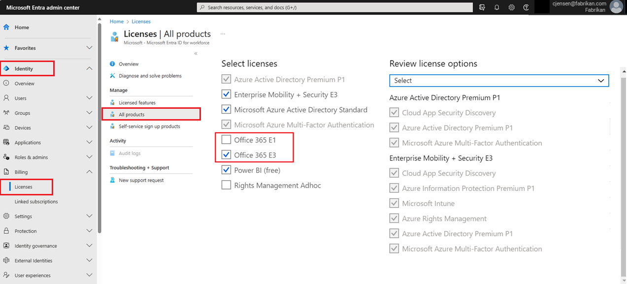 Captura de pantalla de la página de asignaciones de licencia para un usuario que muestra Office 365 E1 desactivado y Office 365 E3 seleccionado.