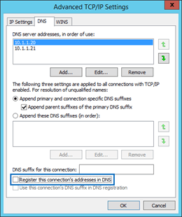 Pestaña DNS en la ventana Configuración avanzada de TCP/IP.