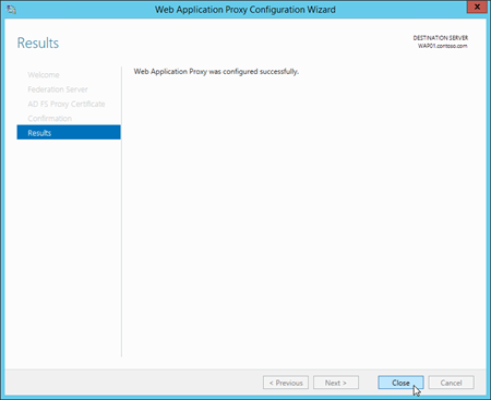 La página Resultados del Asistente para configuración de Application Proxy web.