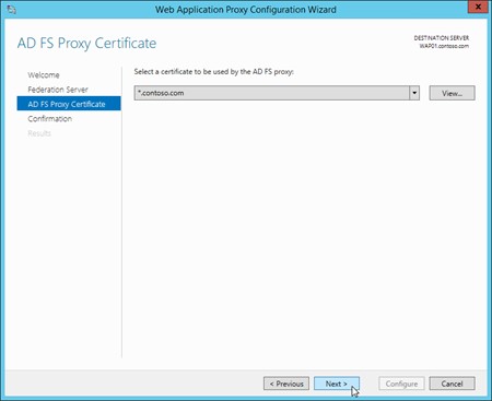 Seleccione el certificado de proxy de AD FS en la página Certificado de proxy de AD FS en el Asistente para configuración de proxy de AD FS.