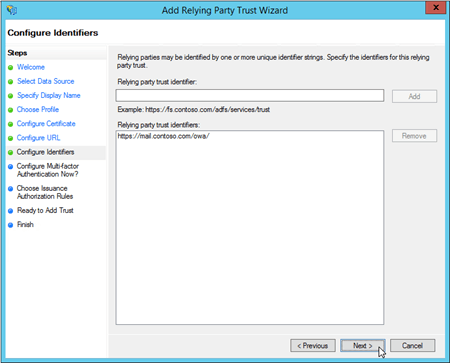 La configuración de Outlook en la Web en la página Configurar identificadores del Asistente para agregar confianza de usuario de confianza.