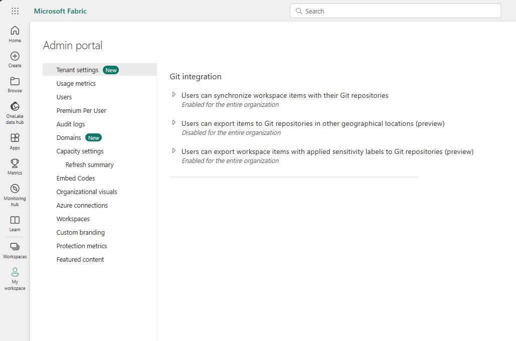 Captura de pantalla de Configuración del área de trabajo.