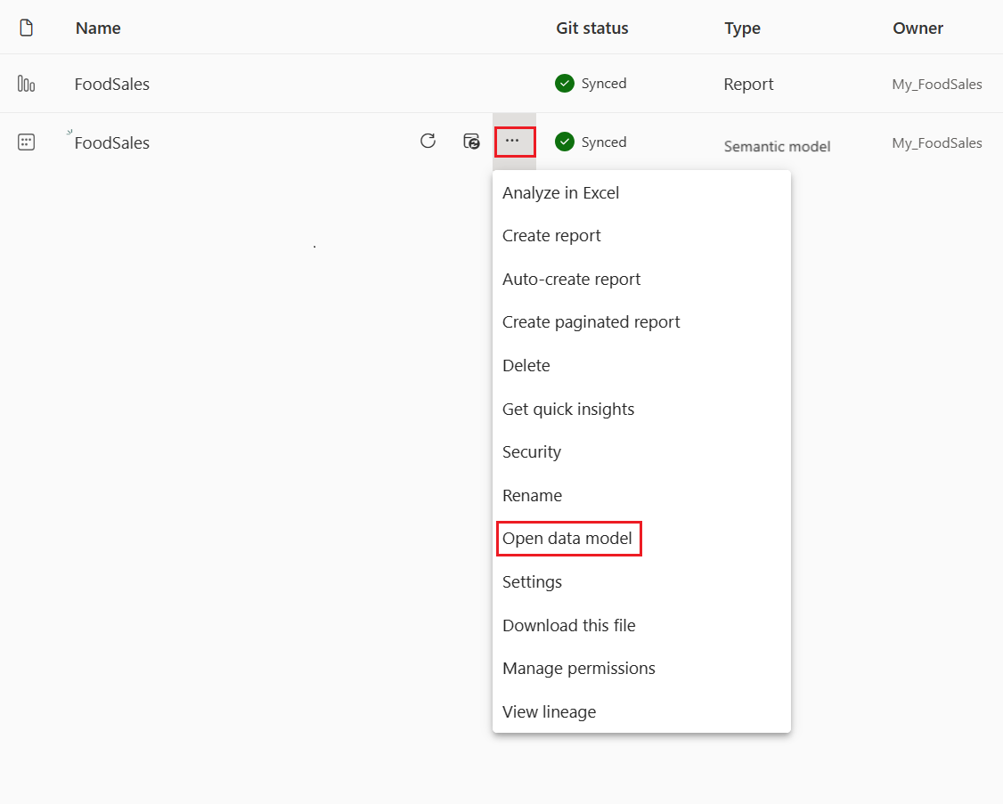 Captura de pantalla de la opción Abrir modelo de datos en el menú del modelo semántico de datos expandido.