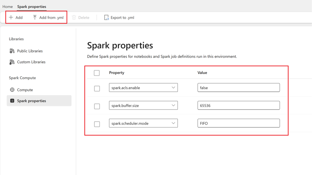 Captura de pantalla que muestra las configuraciones de Spark.