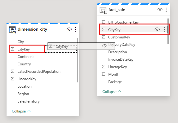 Captura de pantalla que muestra campos de arrastrar y soltar entre tablas para crear relaciones.