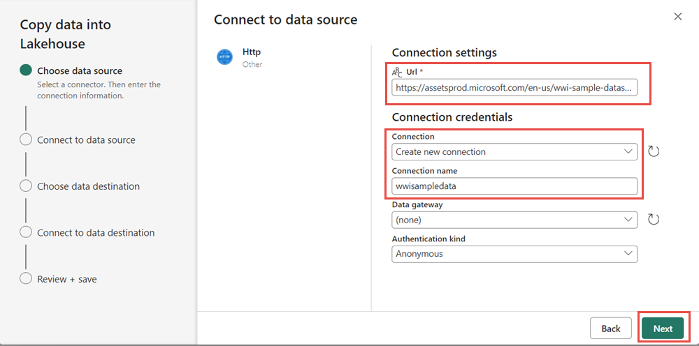 Recorte de pantalla que muestra los parámetros para configurar la conexión Http.