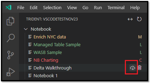 Captura de pantalla de la lista de cuadernos del Explorador de VS Code, que muestra dónde seleccionar la opción de descarga de cuadernos.