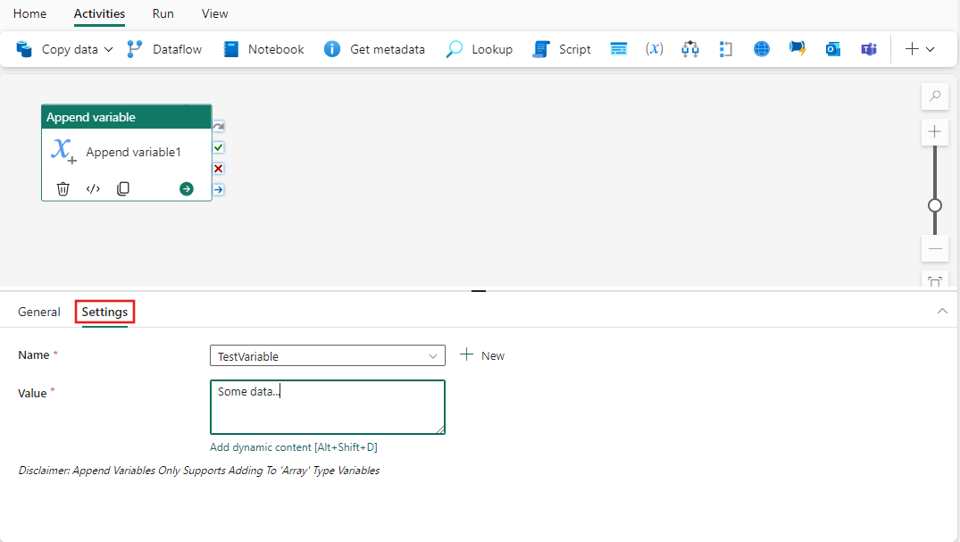 Captura de pantalla que muestra la pestaña de configuración de la actividad "Anexar variable" con la pestaña resaltada.