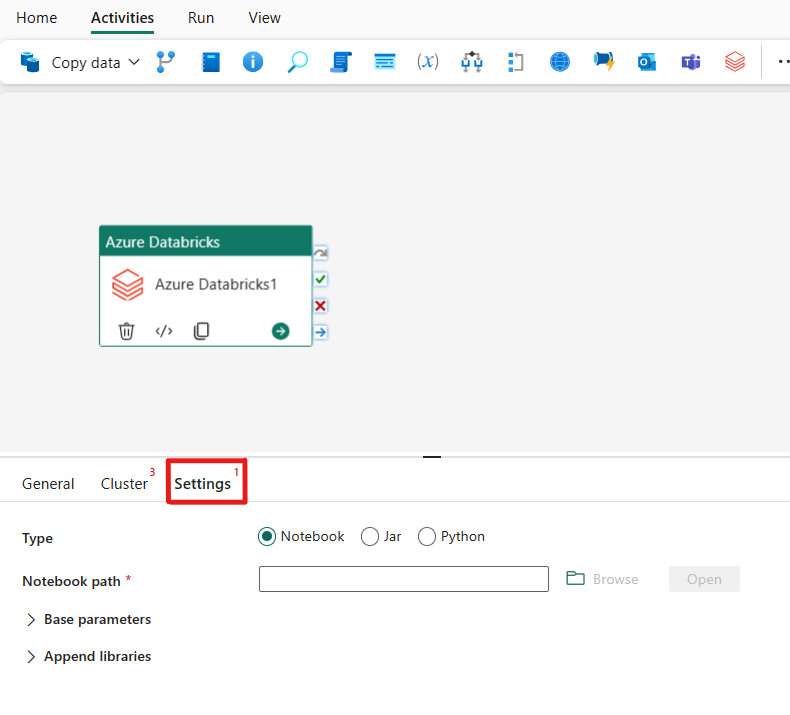 Captura de pantalla que muestra la pestaña Configuración de la actividad de Azure Databricks.