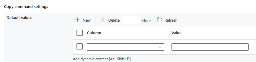 Captura de pantalla que muestra los valores predeterminados de la configuración del comando de copia.