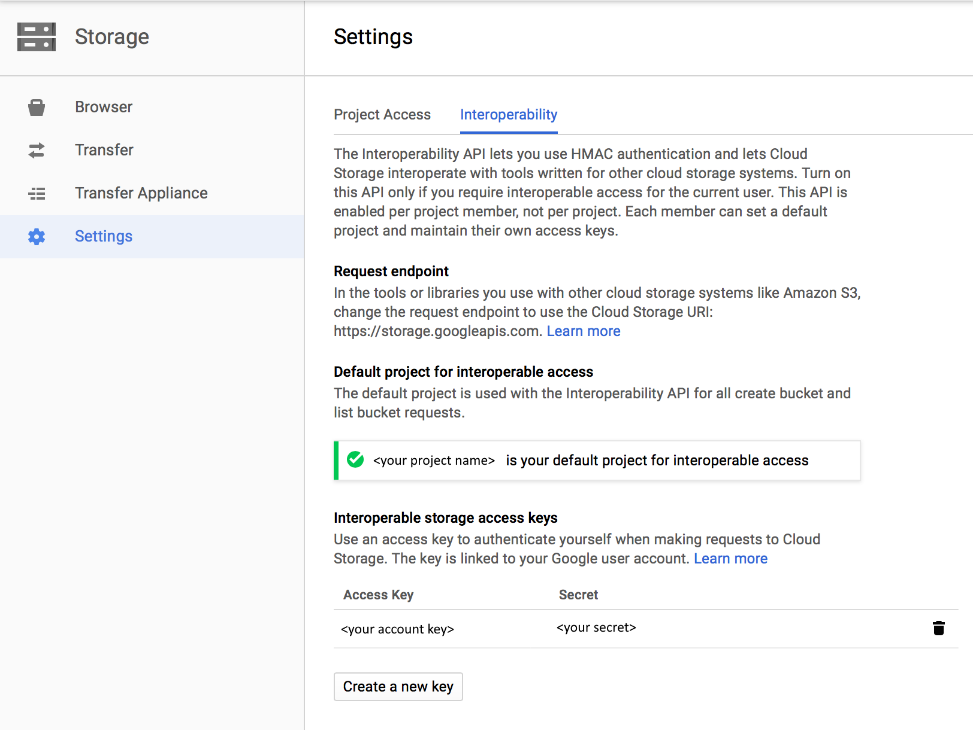 Captura de pantalla que muestra la clave de acceso para Google Cloud Storage.