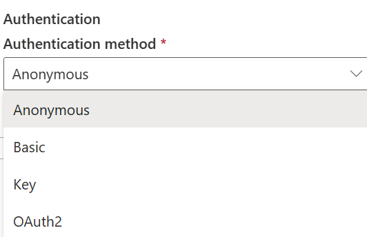 Captura de pantalla que muestra los métodos de autenticación para OData