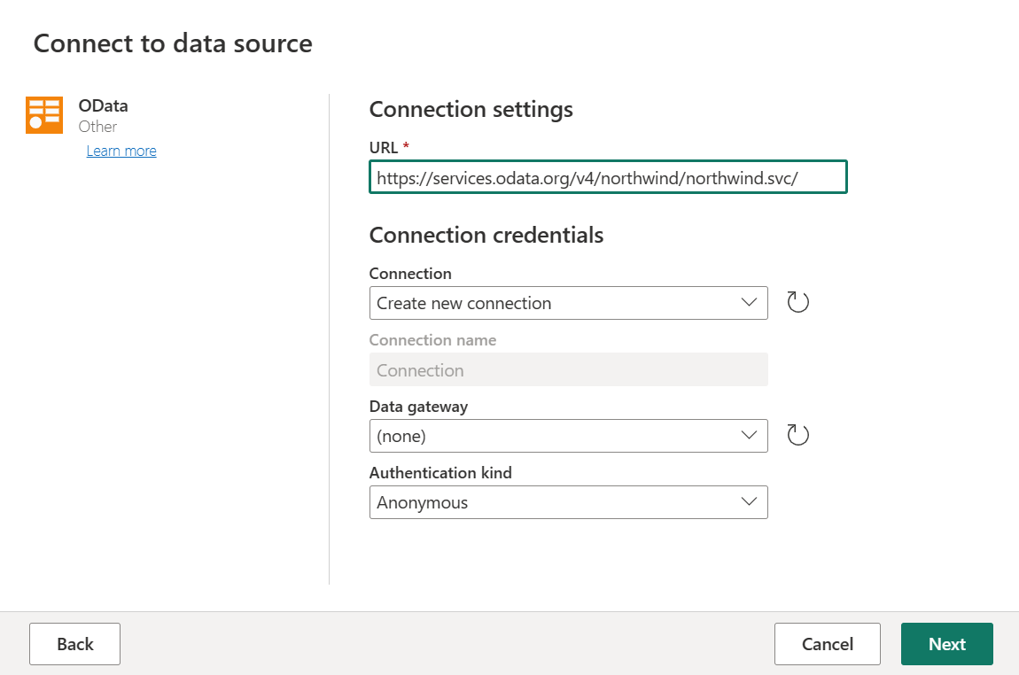 Captura de pantalla del origen de datos de OData donde se escribe la URL de los datos.