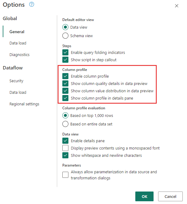 Captura de pantalla de las opciones globales con las selecciones de perfil de columna resaltadas.