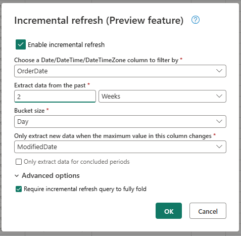 Captura de pantalla de la configuración de actualización incremental.