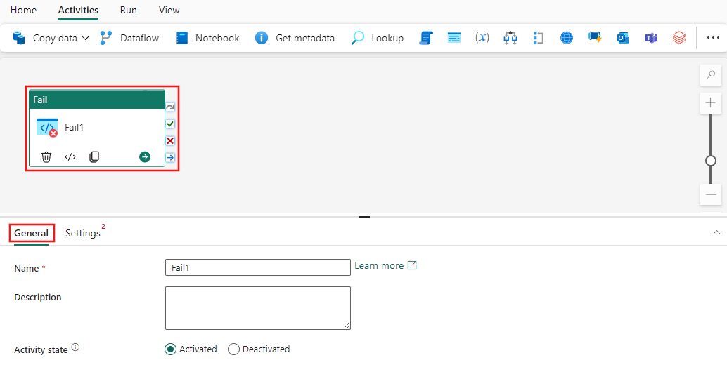 Captura de pantalla que muestra la pestaña Configuración general de la actividad Error.