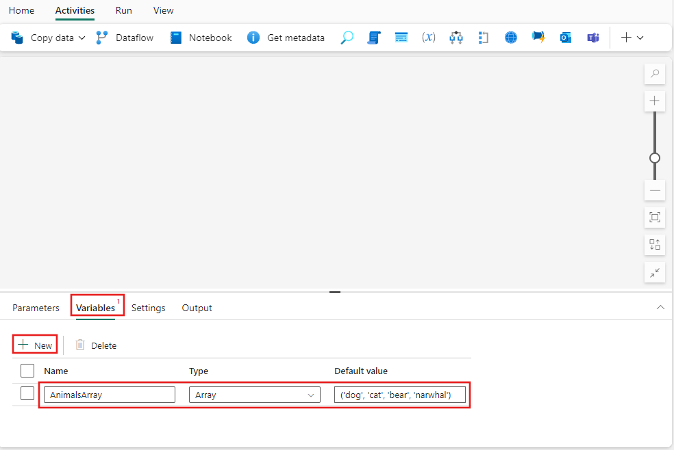 Captura de pantalla que muestra la creación de una nueva variable de canalización de tipo Array denominada AnimalsArray con algunos nombres de animales como sus valores.