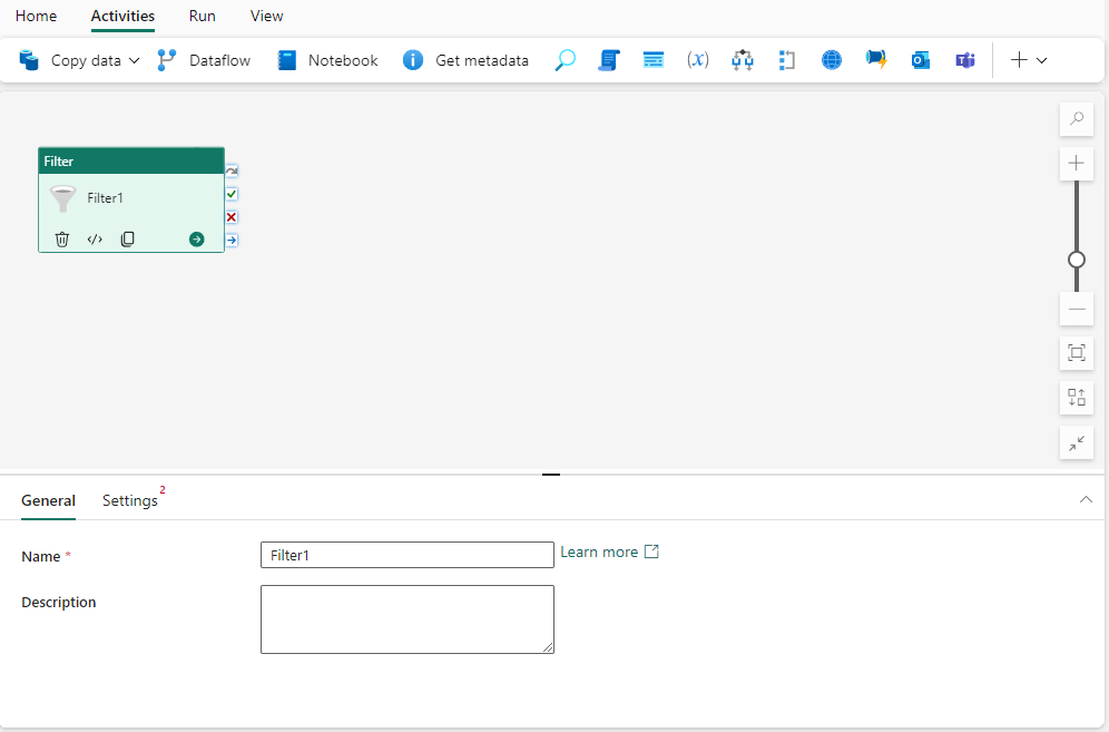 Captura de pantalla que muestra la pestaña Configuración general de la actividad Filtrar.