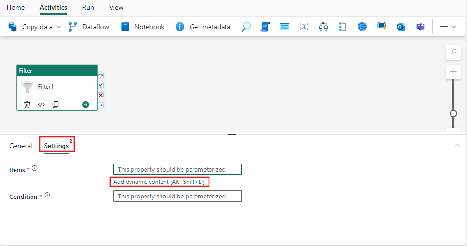 Captura de pantalla que muestra la pestaña Configuración de la actividad de búsqueda resaltando la pestaña y dónde elegir una nueva conexión.