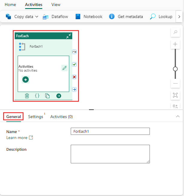 Captura de pantalla que muestra la pestaña Configuración general de la actividad ForEach.