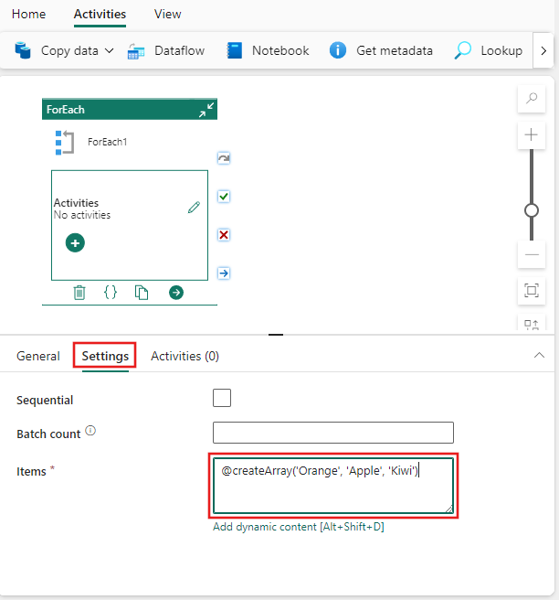 Captura de pantalla que muestra la pestaña Configuración de ForEach con varios elementos agregados a la lista Elementos.