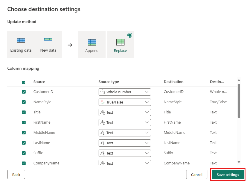 Captura de pantalla que muestra el cuadro de diálogo Elegir configuración de destino.