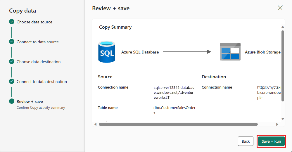 Captura de pantalla que muestra cómo revisar la configuración de los datos de copia.