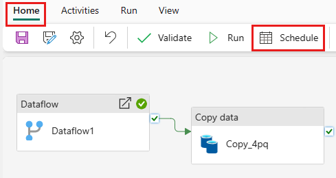 Captura de pantalla del botón Programar del menú de la pestaña Inicio del editor de canalizaciones.