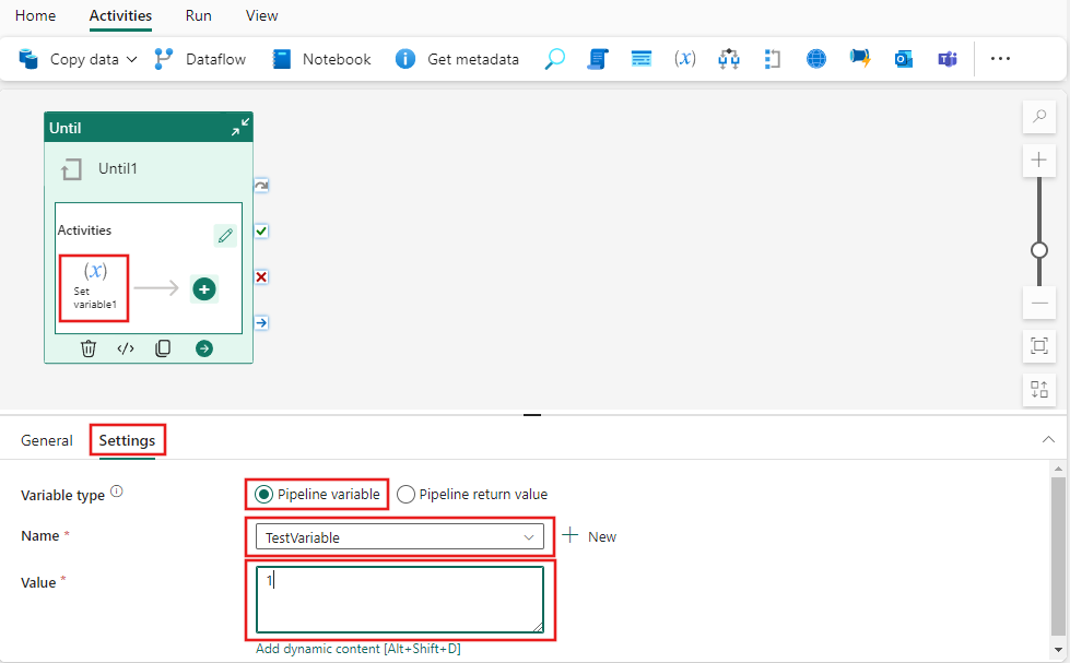 Captura de pantalla que muestra la configuración de la actividad secundaria 