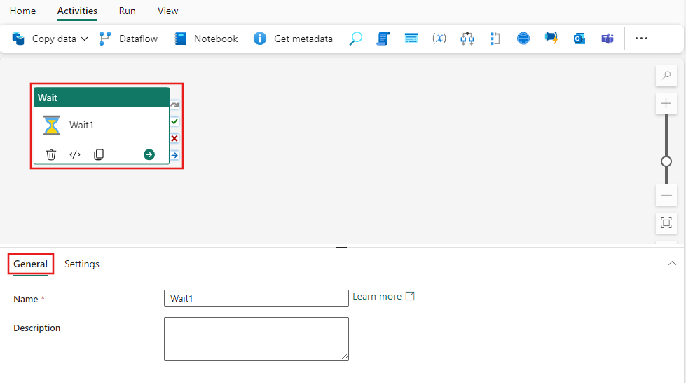 Captura de pantalla que muestra la pestaña Configuración general de la actividad De espera.