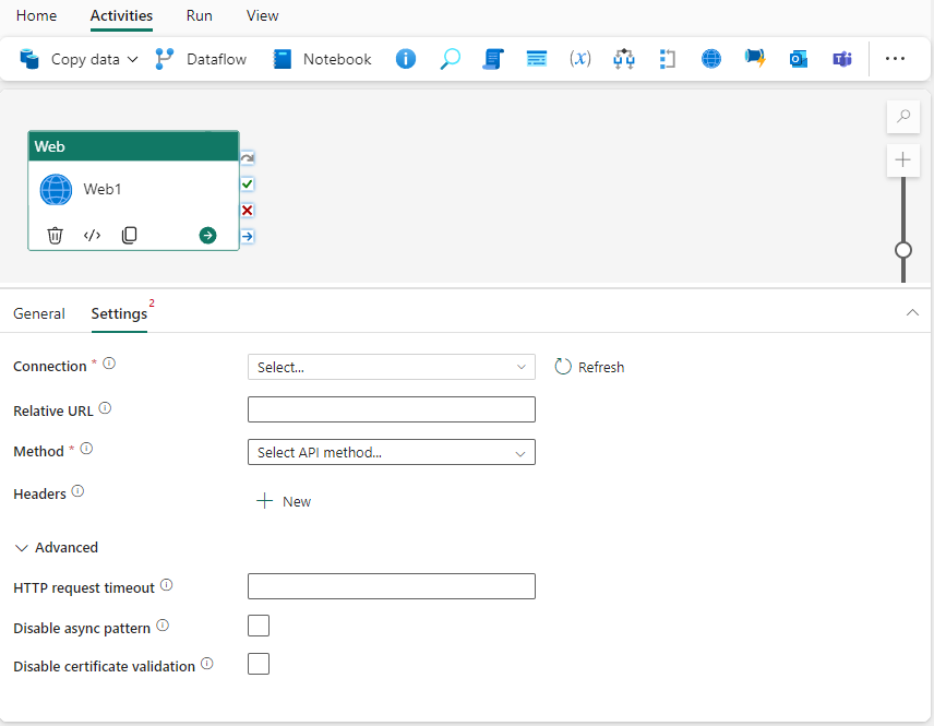 Captura de pantalla que muestra la pestaña Configuración de la actividad de búsqueda resaltando la pestaña y dónde elegir una nueva conexión.