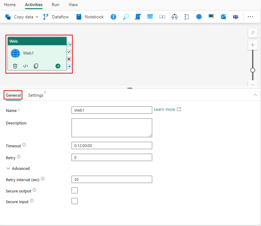 Captura de pantalla que muestra la pestaña Configuración general de la actividad Web.