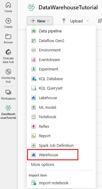 Captura de pantalla del área de trabajo, que muestra dónde seleccionar Warehouse en el menú desplegable Nuevo.