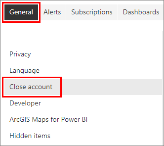 Captura de pantalla que muestra el menú de configuración de Power BI. Las opciones de menú General y Cerrar cuenta están resaltadas.