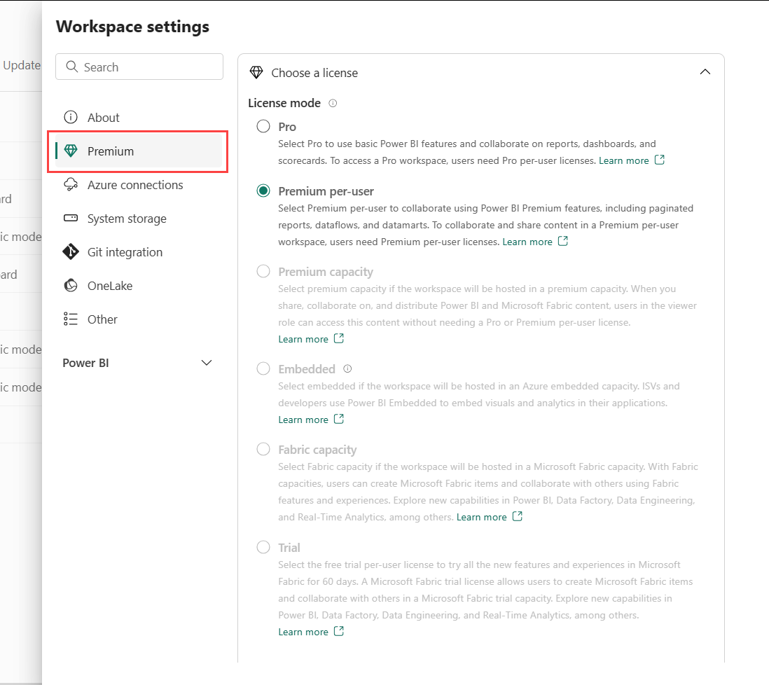 Captura de pantalla del modo de licencia en la configuración del área de trabajo.