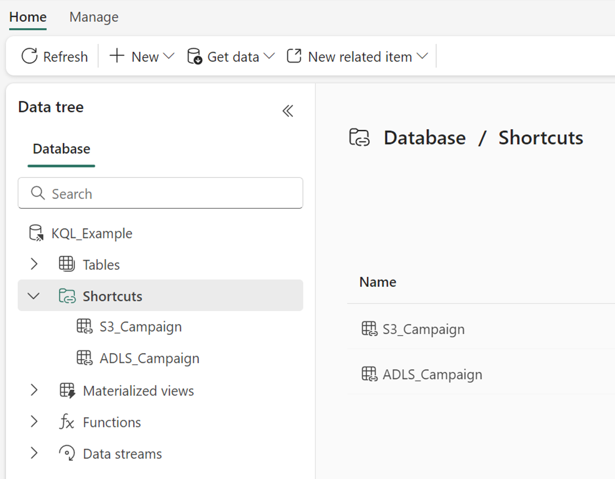 Captura de pantalla de accesos directos dentro de una base de datos KQL.