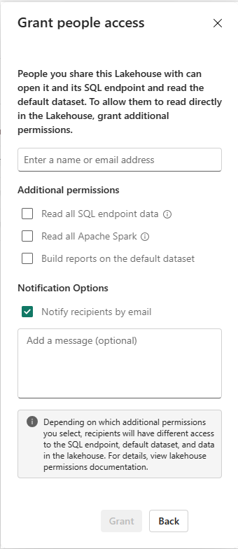 Captura de pantalla de la pantalla Conceder acceso a personas de Lakehouse.