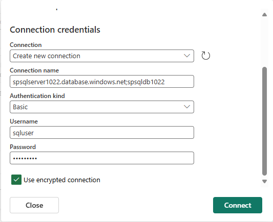 Captura de pantalla que muestra la sección Credenciales de conexión para el conector de base de datos de Azure PostgreSQL.