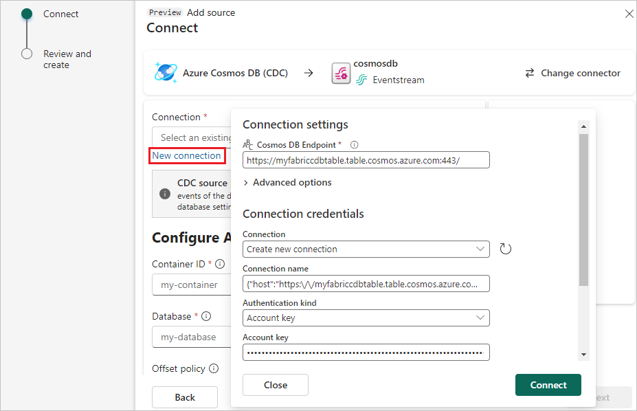 Captura de pantalla de la configuración de conexión para el origen CDC de Azure Cosmos DB.